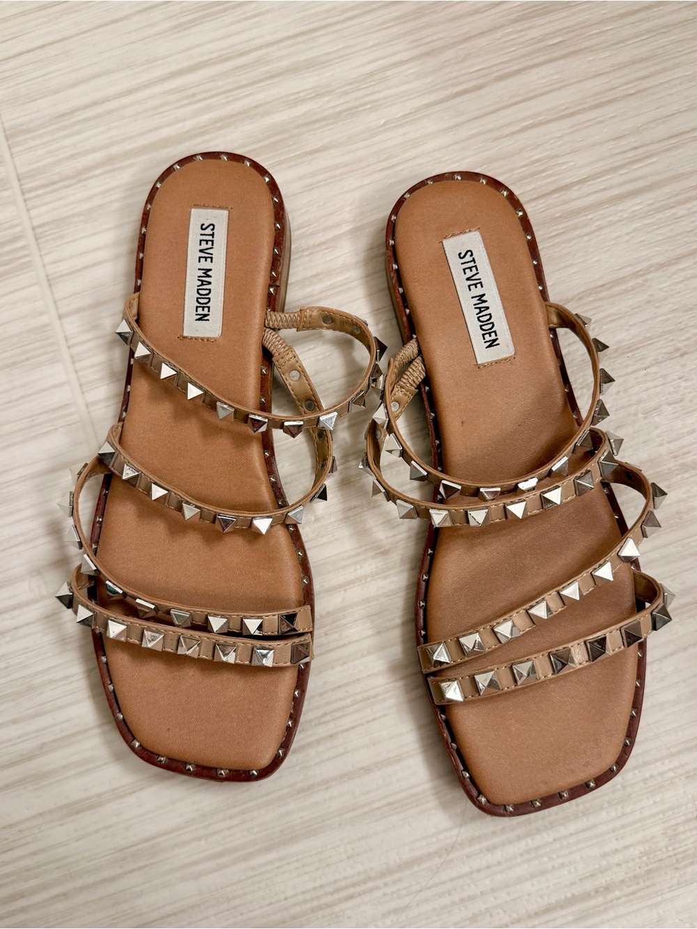 Steve Madden Tan Pyramid Stud Multi-Strap Slide Sandals